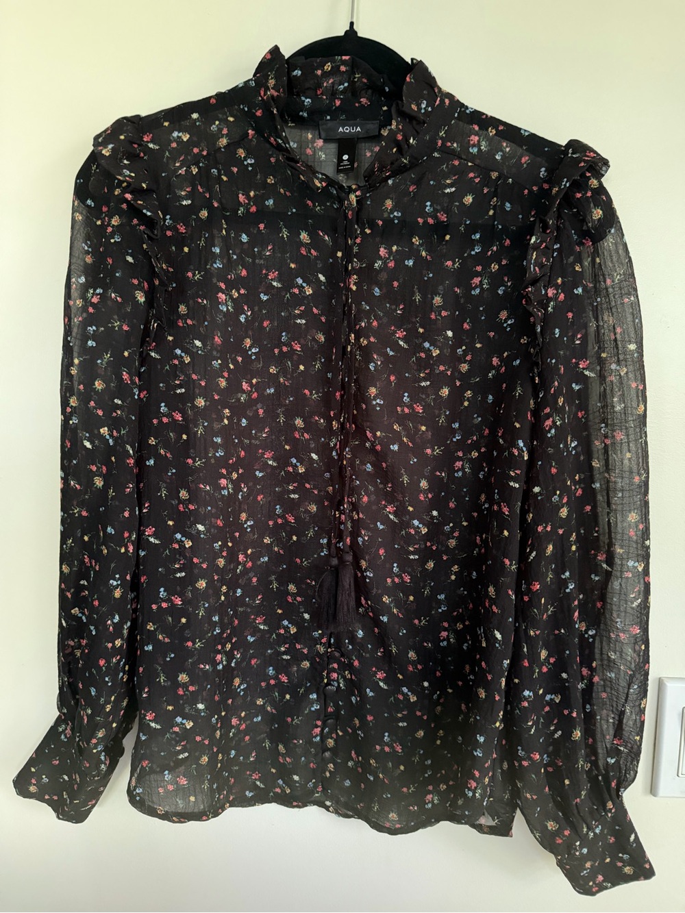 Aqua Black Floral Sheer Tie-Neck Ruffle Blouse